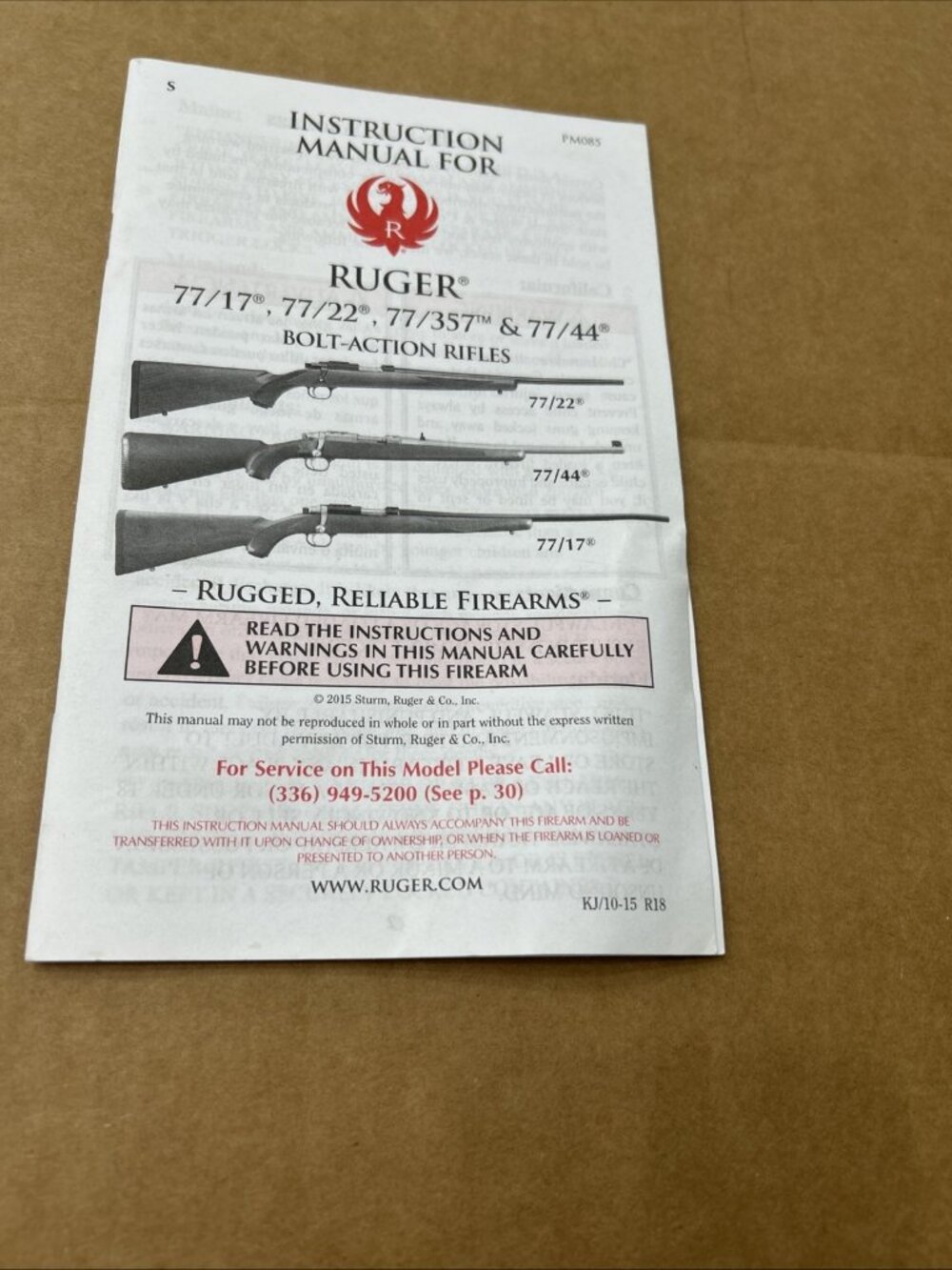2015 RUGER BOLT ACTION RIFLE MANUAL FOR 77/17, 77/22,  77/357, 77/44